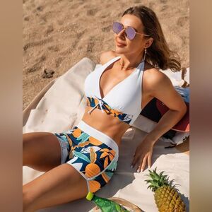 NEW Bathing Suit Trunk Set Halter White Tropical Palm Hawaii Beach Pool Vacation